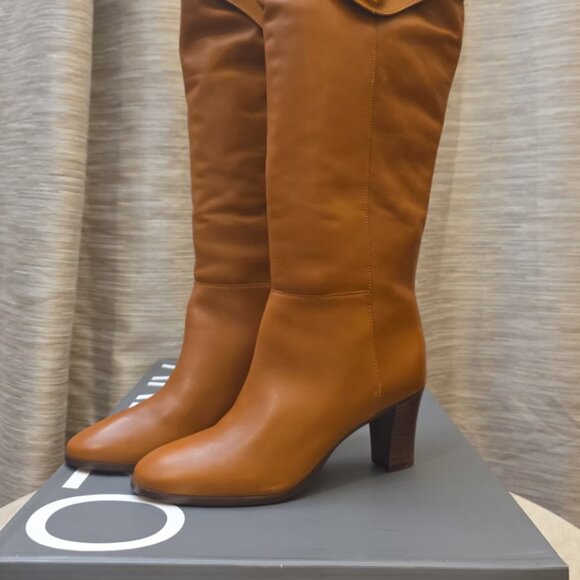 Arezzo Women's Vivian Leather Mid Block Knee High Boots Caramel - Picture 2 of 4